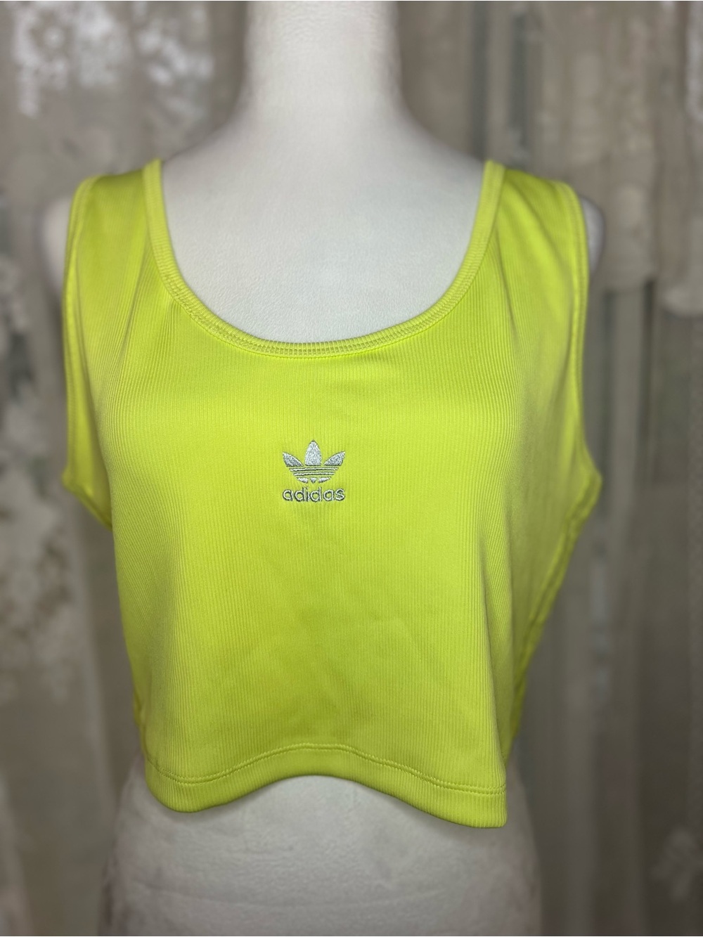 adidas Women’s Neon Yellow Ribbed Cropped Tank Top XL